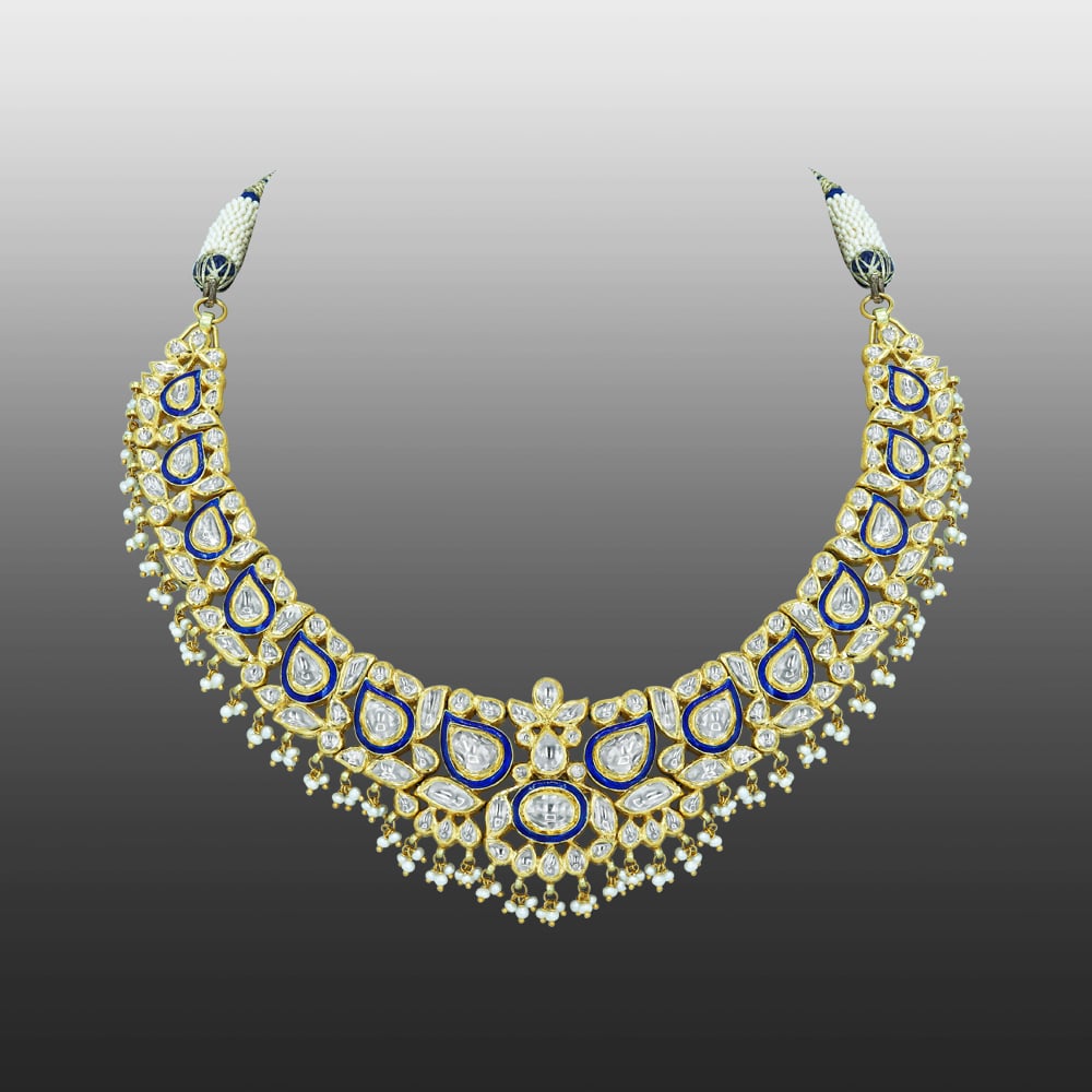 Polki Necklace with Blue Enamel and Layered Pearls